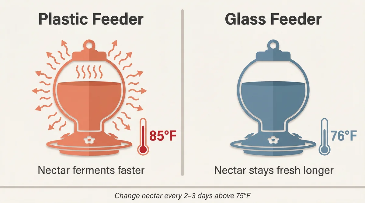 Infographic comparing heat absorption in plastic versus glass hummingbird feeders and nectar freshness