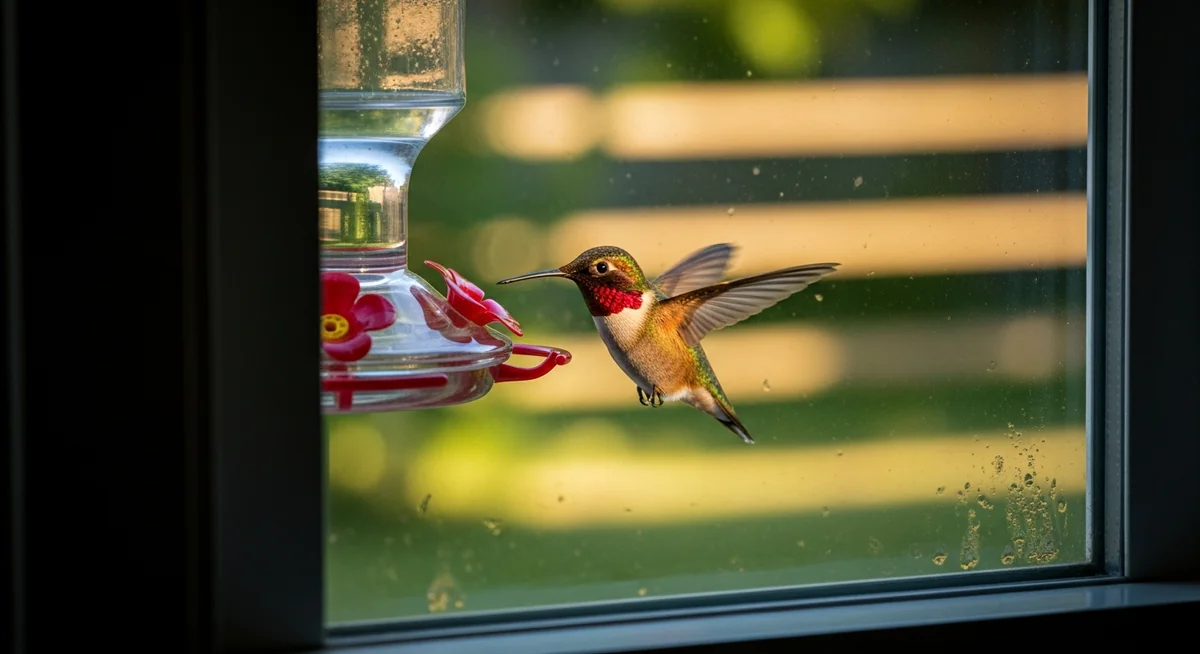 Ruby-throated hummingbird hovering at window hummingbird feeder seen from inside house