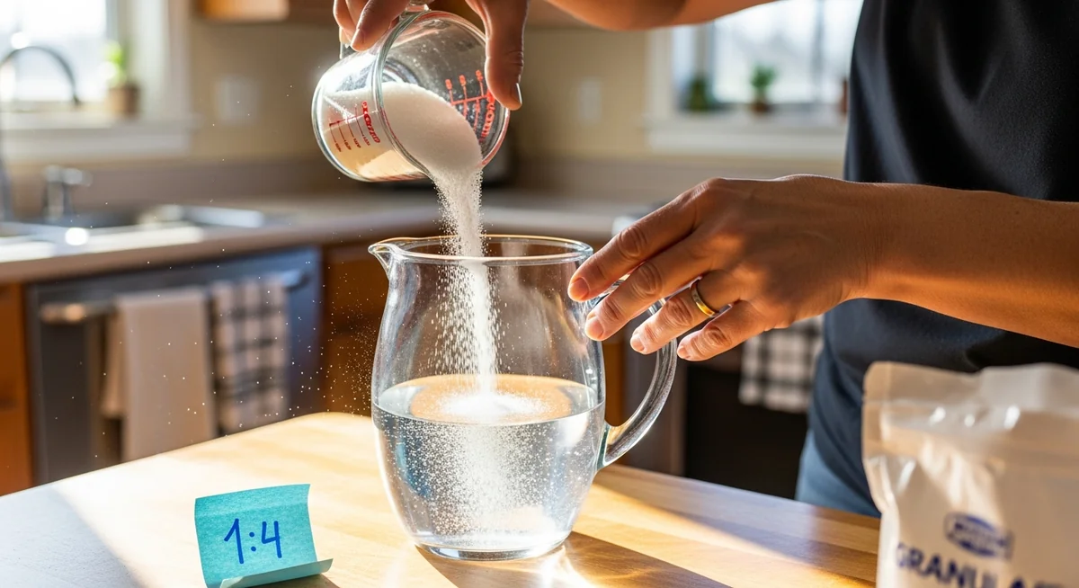 Infographic showing one part sugar to four parts water hummingbird nectar ratio