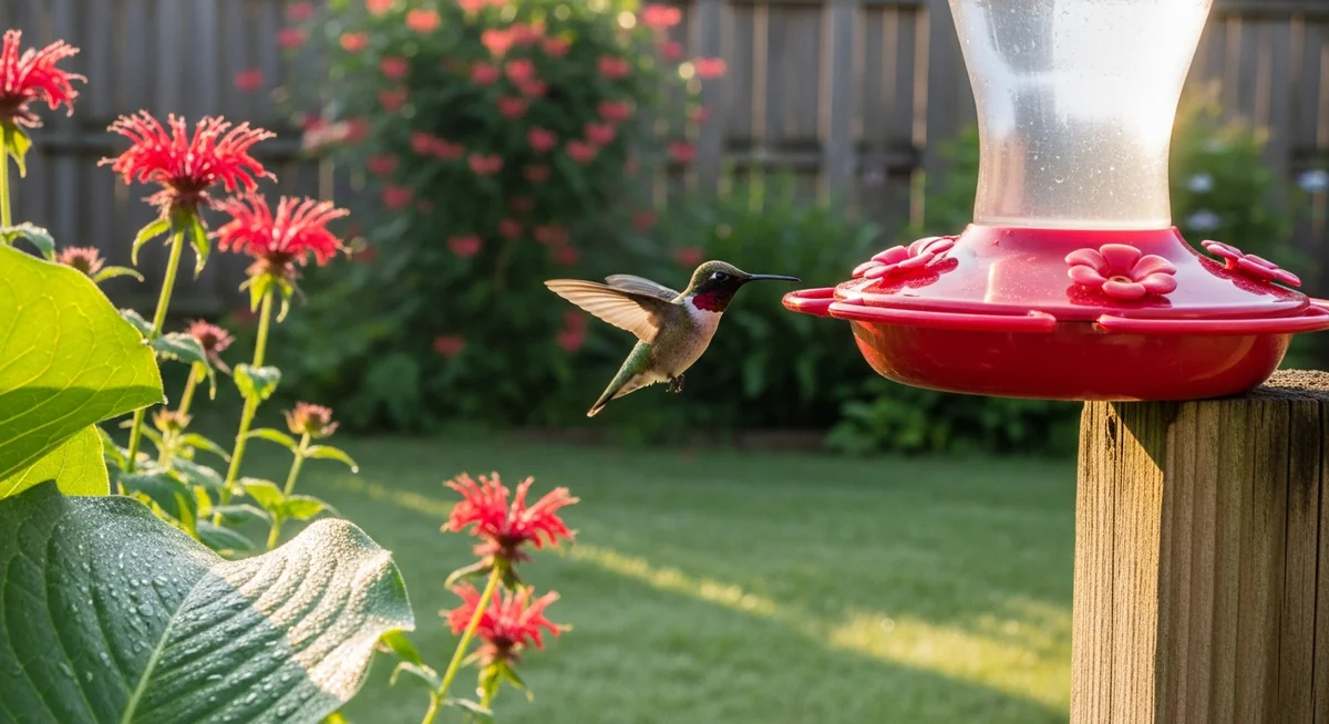 Ruby-throated hummingbird hovering at red saucer feeder in lush backyard garden