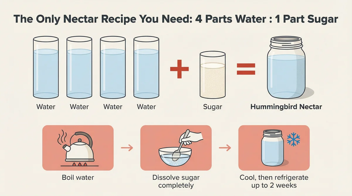 Infographic diagram showing four-to-one water to sugar hummingbird nectar recipe steps